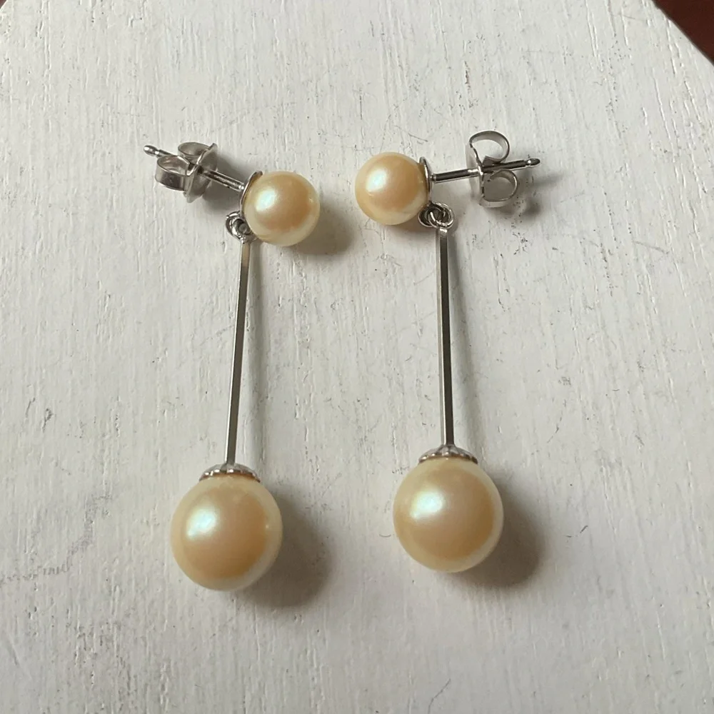 14k White Gold Backs Faux Pearl Dangle Drop Earrings